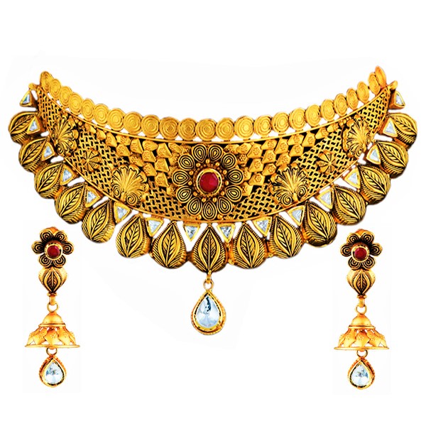 Hira Panna 22k Gold Antique Chokar Set For Party & Wedding Wear - Hira ...